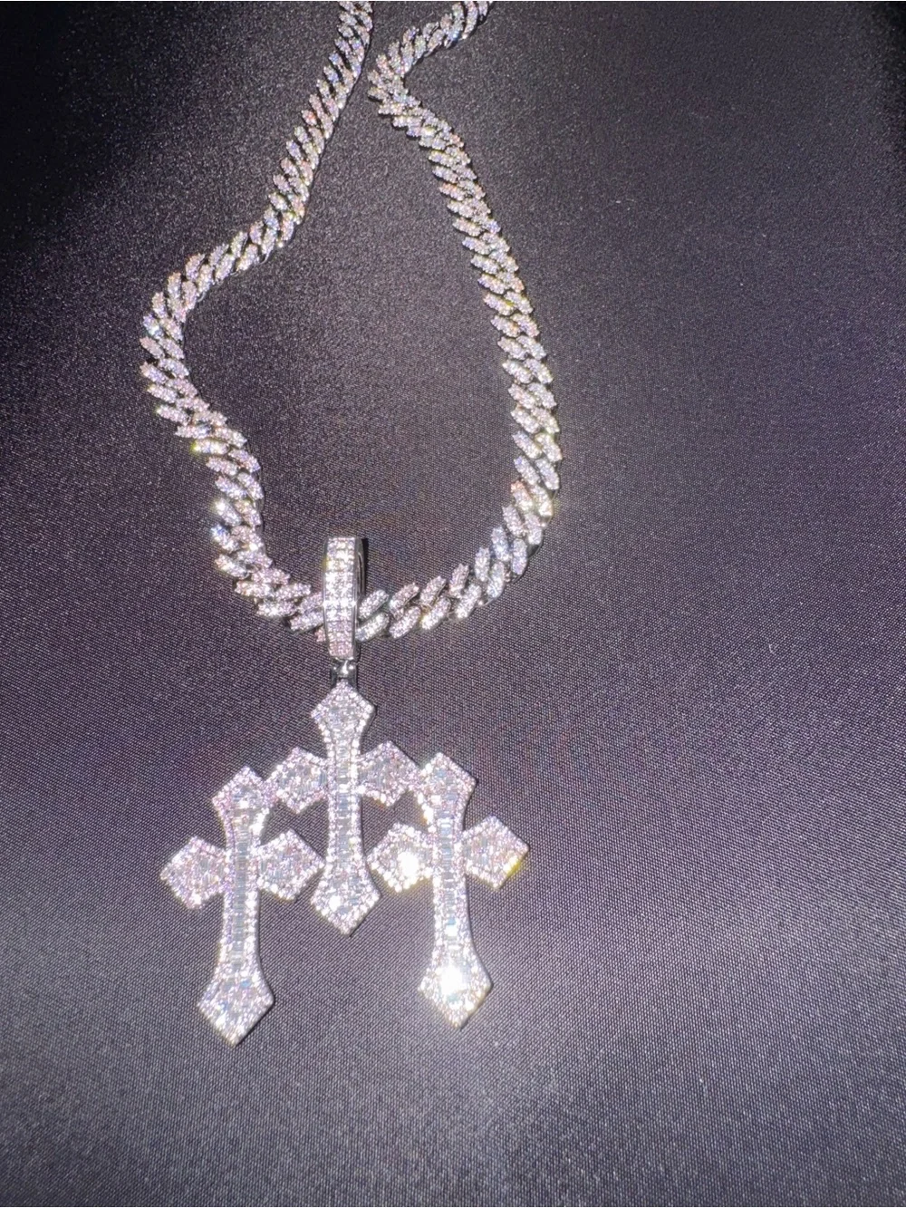 Moissanite VVS1 22” 8mm Cuban link with VVs Moissanite triple cross pendant